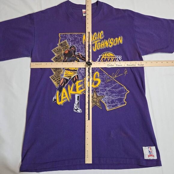 MAGIC JOHNSON LAKERS NUTMEG NBA SINGLE STICH MENS VINTAGE PURPLE T-SHIRT SIZE XL - Picture 6 of 7